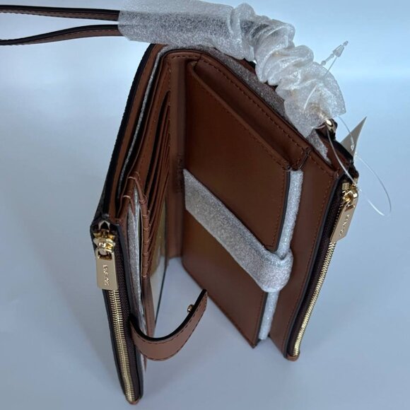NWT Michael Kors Jet Set Travel Double Zip Large Phone Wallet MK Brown/Luggage - Picture 7 of 11
